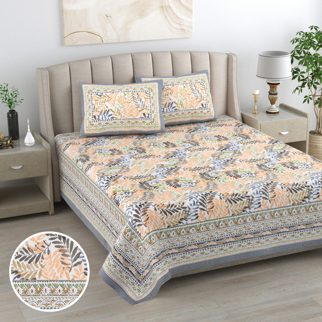 Dhara Leaf Pure Cotton King Size Bedsheet – 95 x 108 inch | 186 TC Multi
