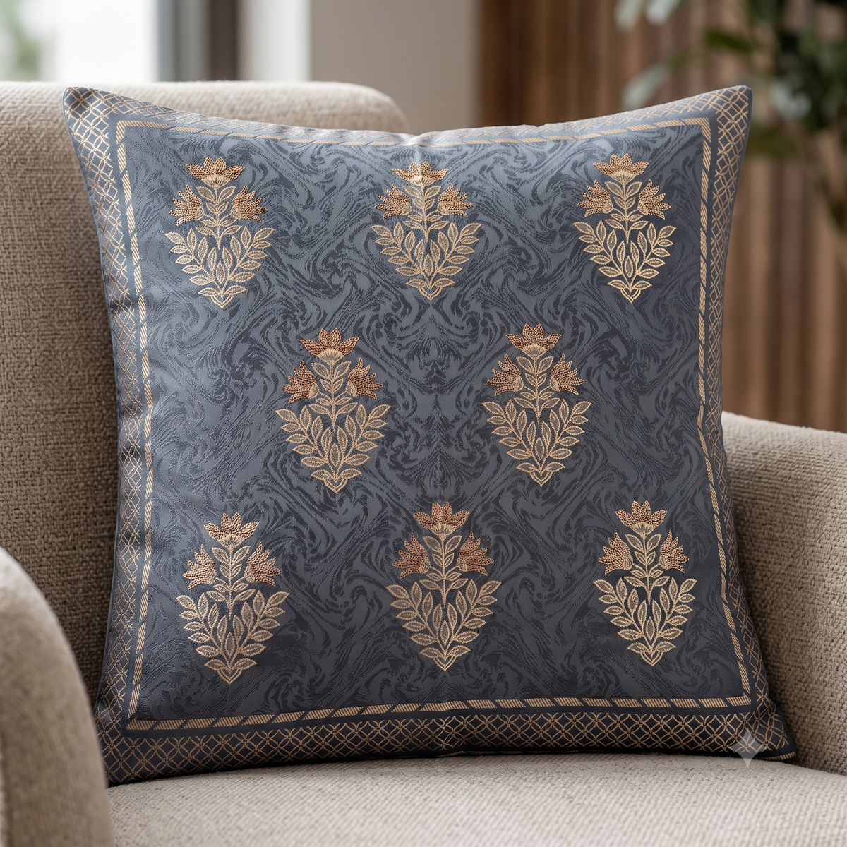 Regal Motif Jacquard Cushion Cover - Blue