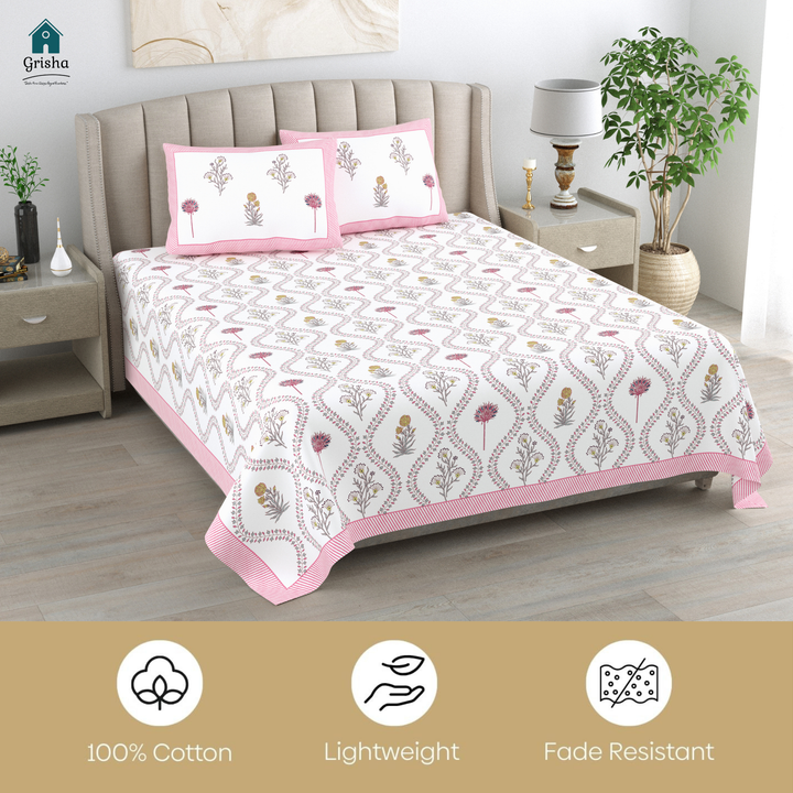 Meher Bloom Pure Cotton King Size Bedsheet – 95 x 108 inch | 186 TC Pink