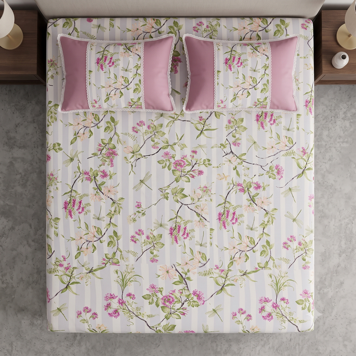 Rose and Petals Cotton King Bedsheet - Pink