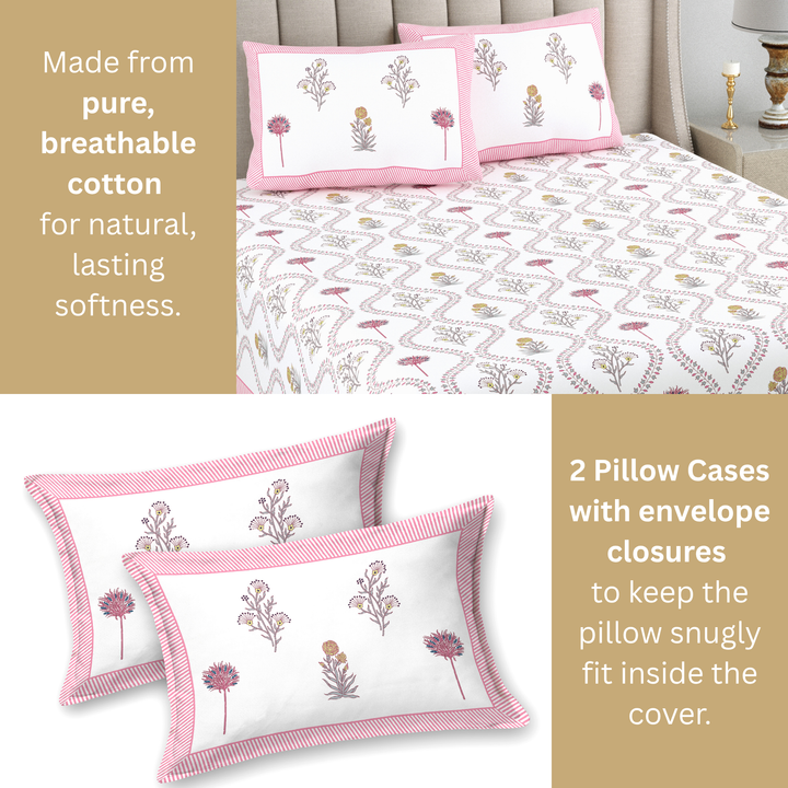 Meher Bloom Pure Cotton King Size Bedsheet – 95 x 108 inch | 186 TC Pink