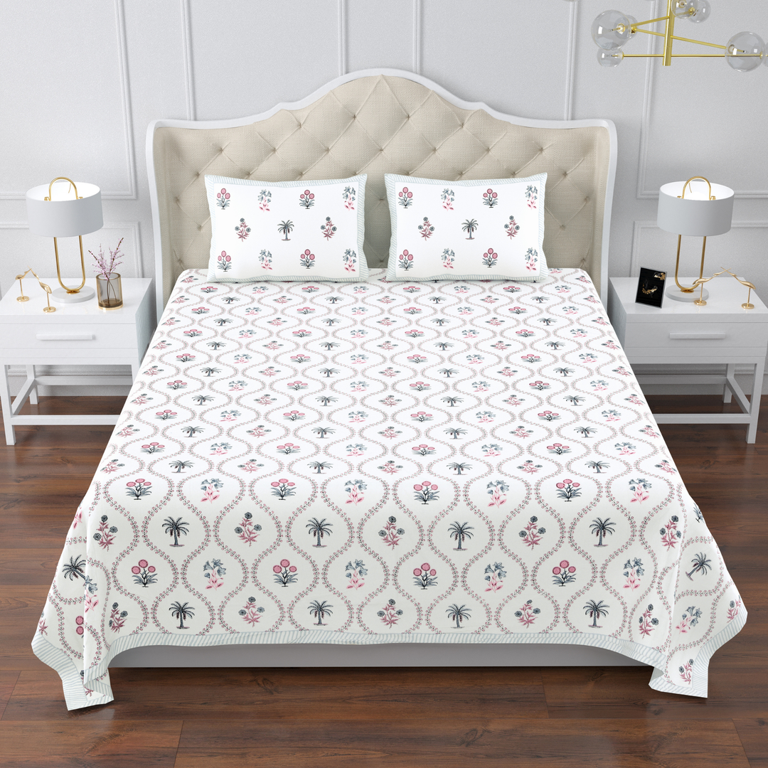 Gul Aangan Pure Cotton King Size Bedsheet – 95 x 108 inch | 186 TC White