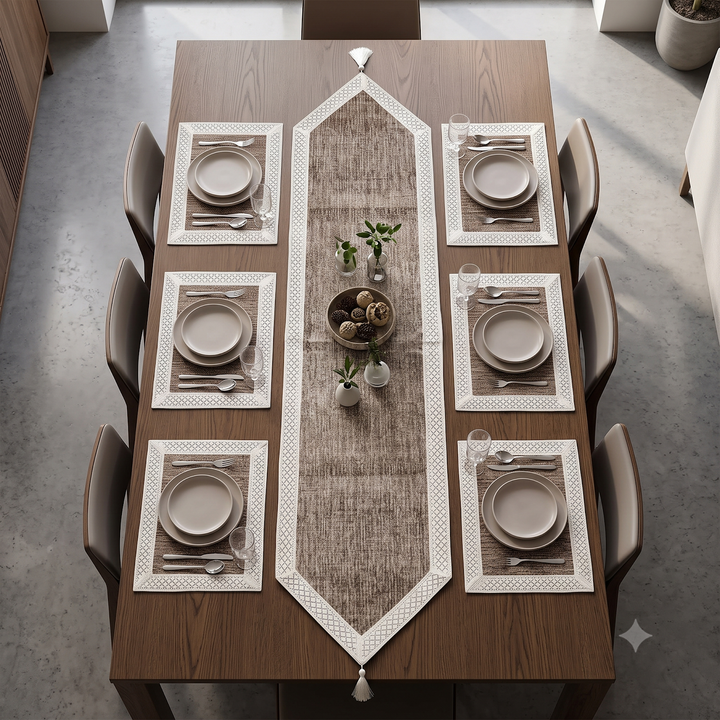 Suede Luxury Table Runner &amp; 6 Placemats Set - Walnut Brown &amp; Cream