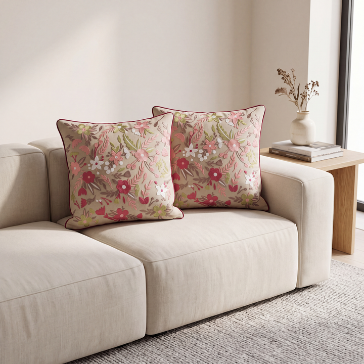 Embroidered Pink Flowers Cushion Cover 1