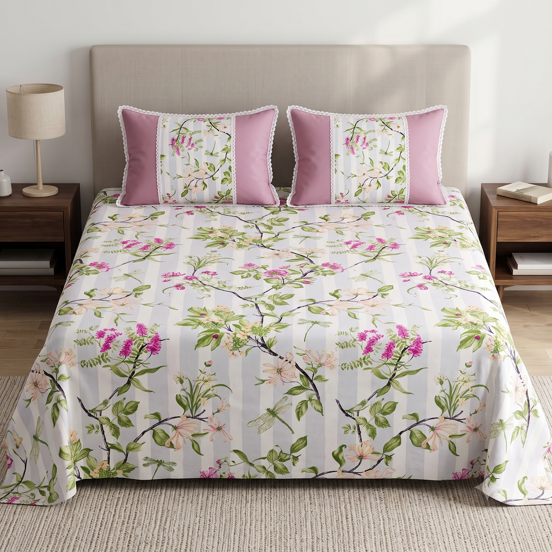 Rose and Petals Cotton King Bedsheet - Pink