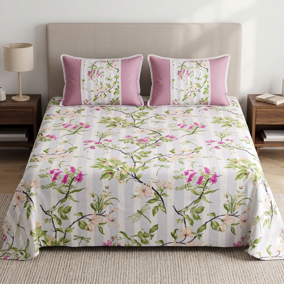 Rose and Petals Cotton King Bedsheet - Pink