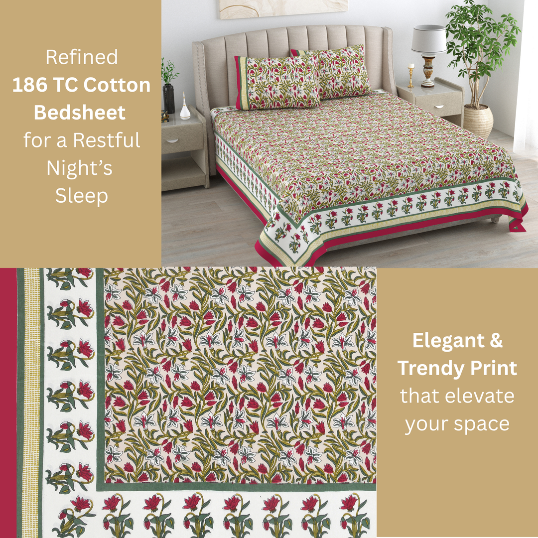 Phool Bagh Pure Cotton King Size Bedsheet –  95 x 108 inch | 186 TC Maroon