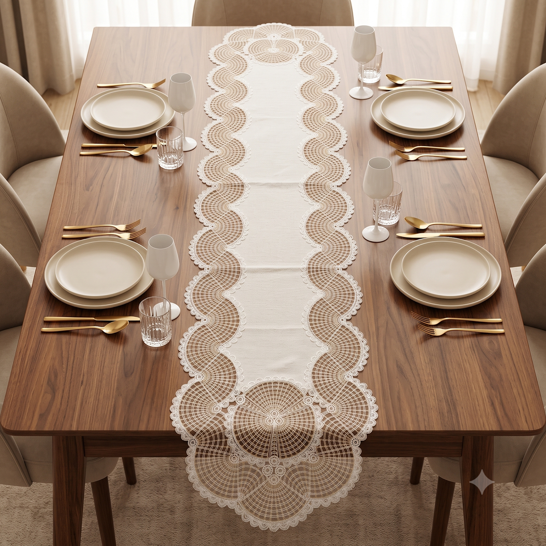 Linen-Look Table Runner with Scalloped Net Embroidery 4