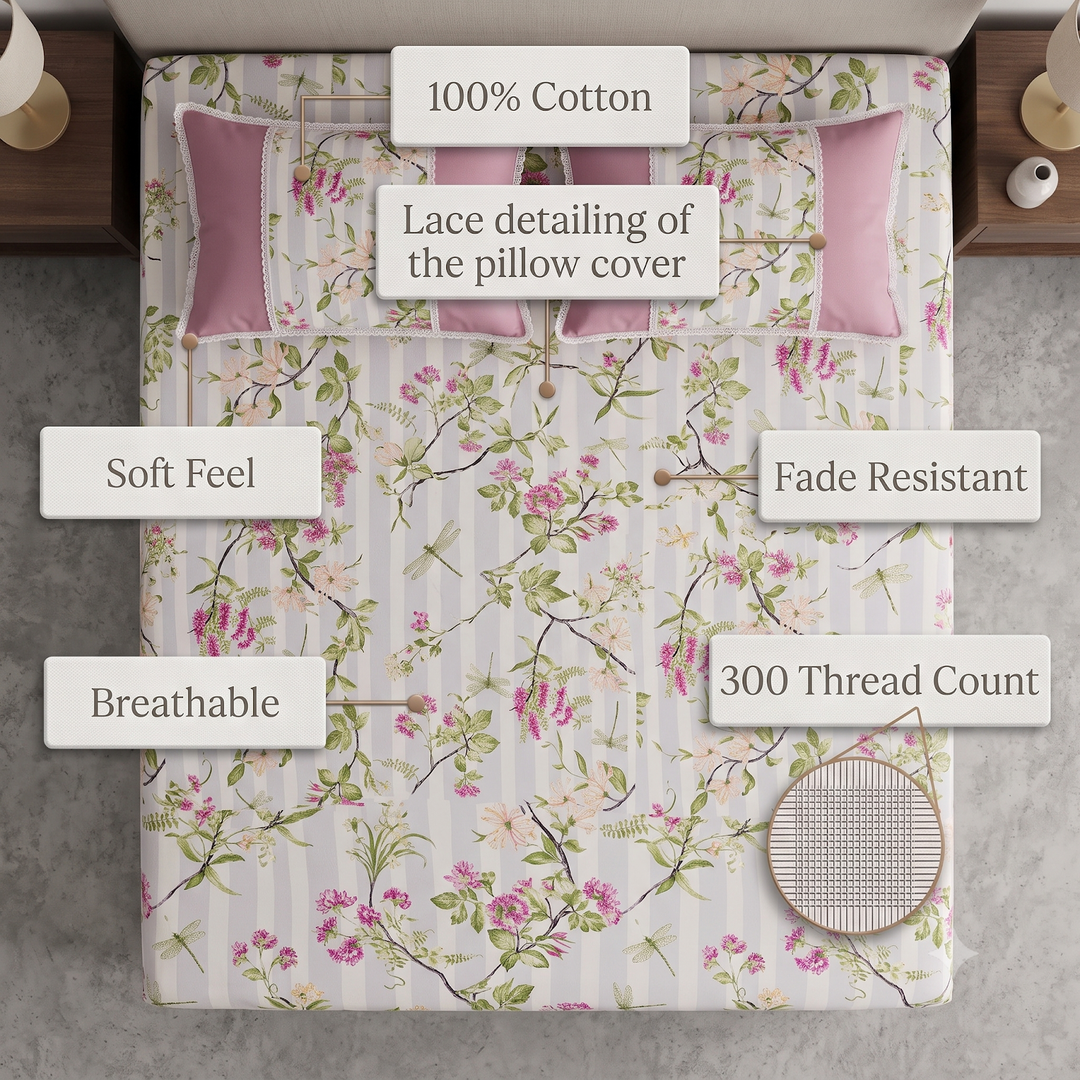 Rose and Petals Cotton King Bedsheet - Pink