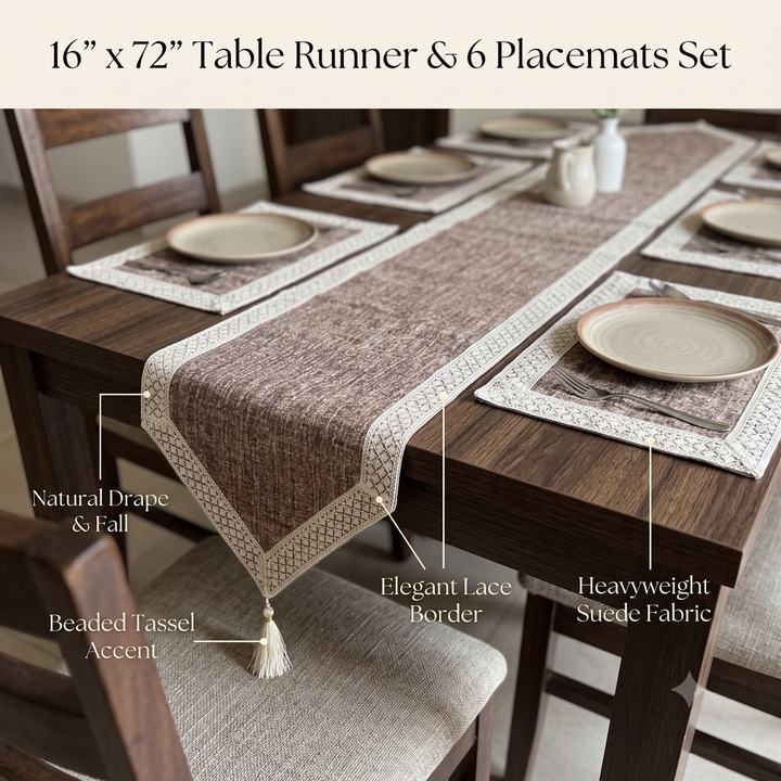 Suede Luxury Table Runner &amp; 6 Placemats Set - Walnut Brown &amp; Cream