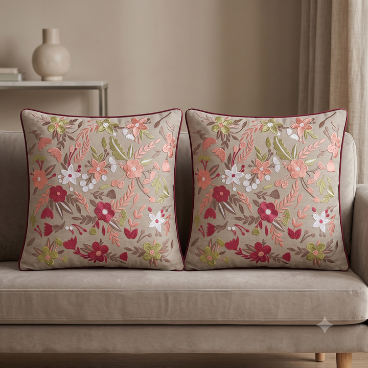 Embroidered Pink Flowers Cushion Cover 3