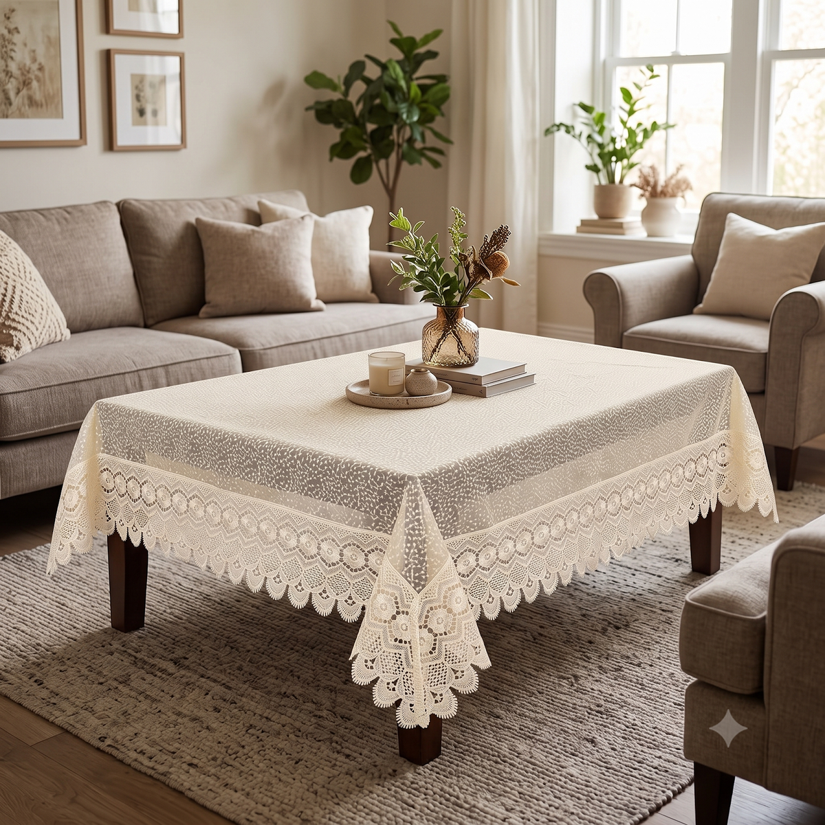 Bindi Dot Embroidered Tissue Table Cover - Cream