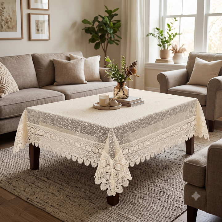 Bindi Dot Embroidered Tissue Table Cover - Cream