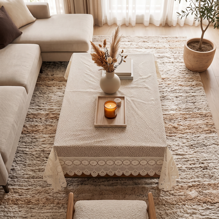 Bindi Dot Embroidered Tissue Table Cover - Cream