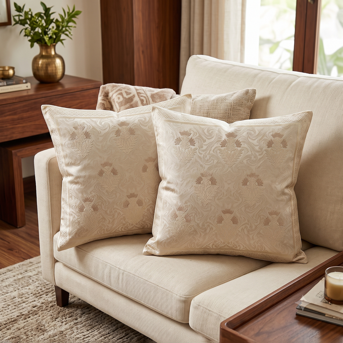 Regal Motif Jacquard Cushion Cover - Cream