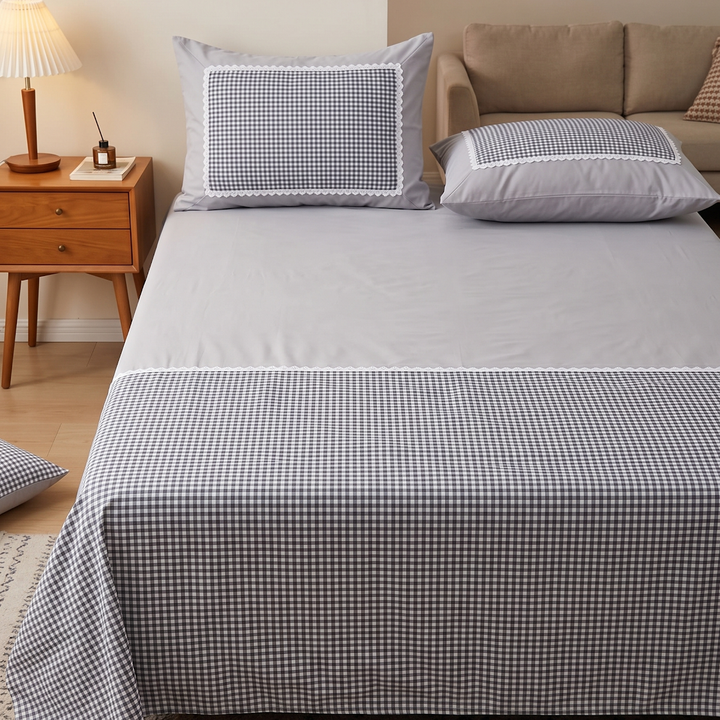 Grace &amp; Lace Check King Size Bedsheet - Grey
