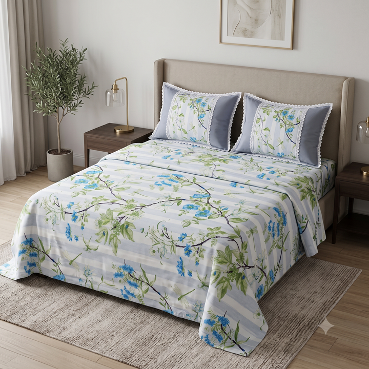 Rose and Petals Cotton King Bedsheet - Grey