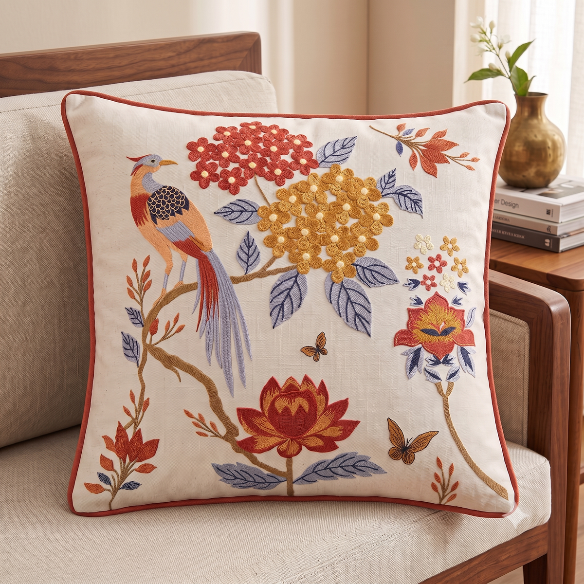 Embroidered Peacock Garden Cushion Cover 2