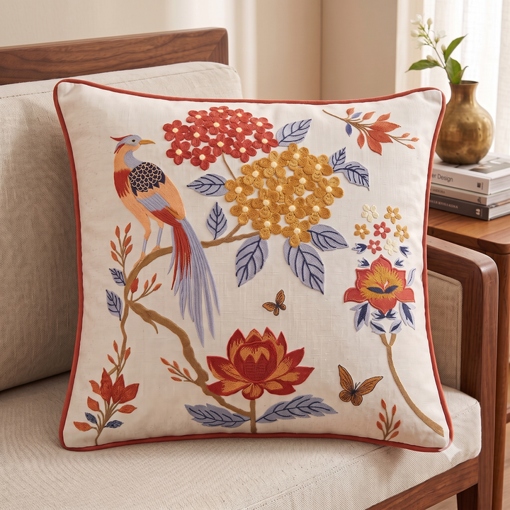 Embroidered Peacock Garden Cushion Cover 2