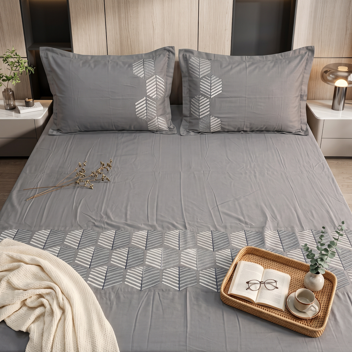 Heritage Weave Diamond Embroidered Bedsheet Grey 2