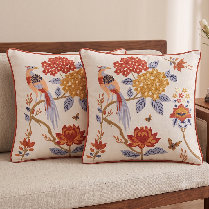 Embroidered Peacock Garden Cushion Cover 4