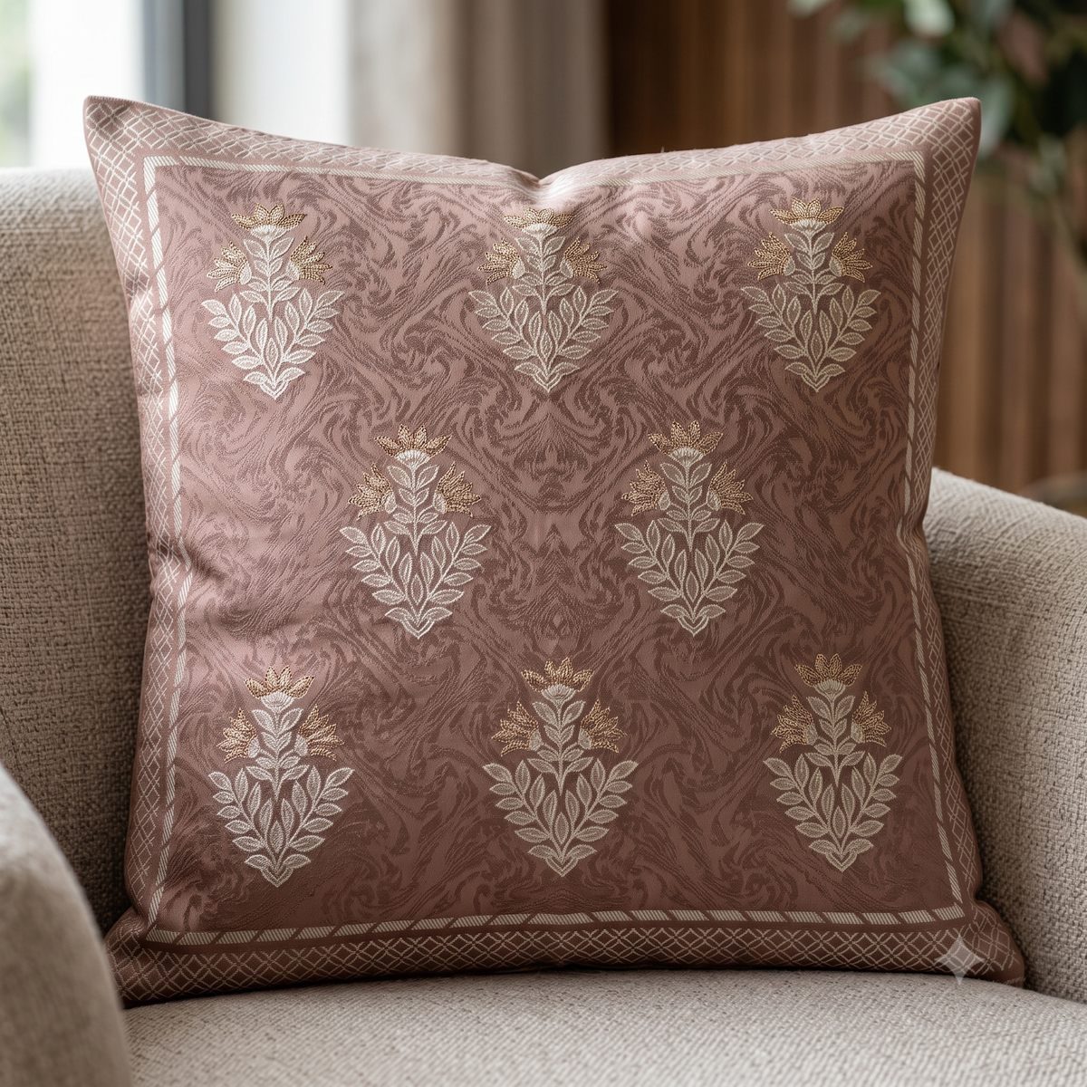Regal Motif Jacquard Cushion Cover - Brown