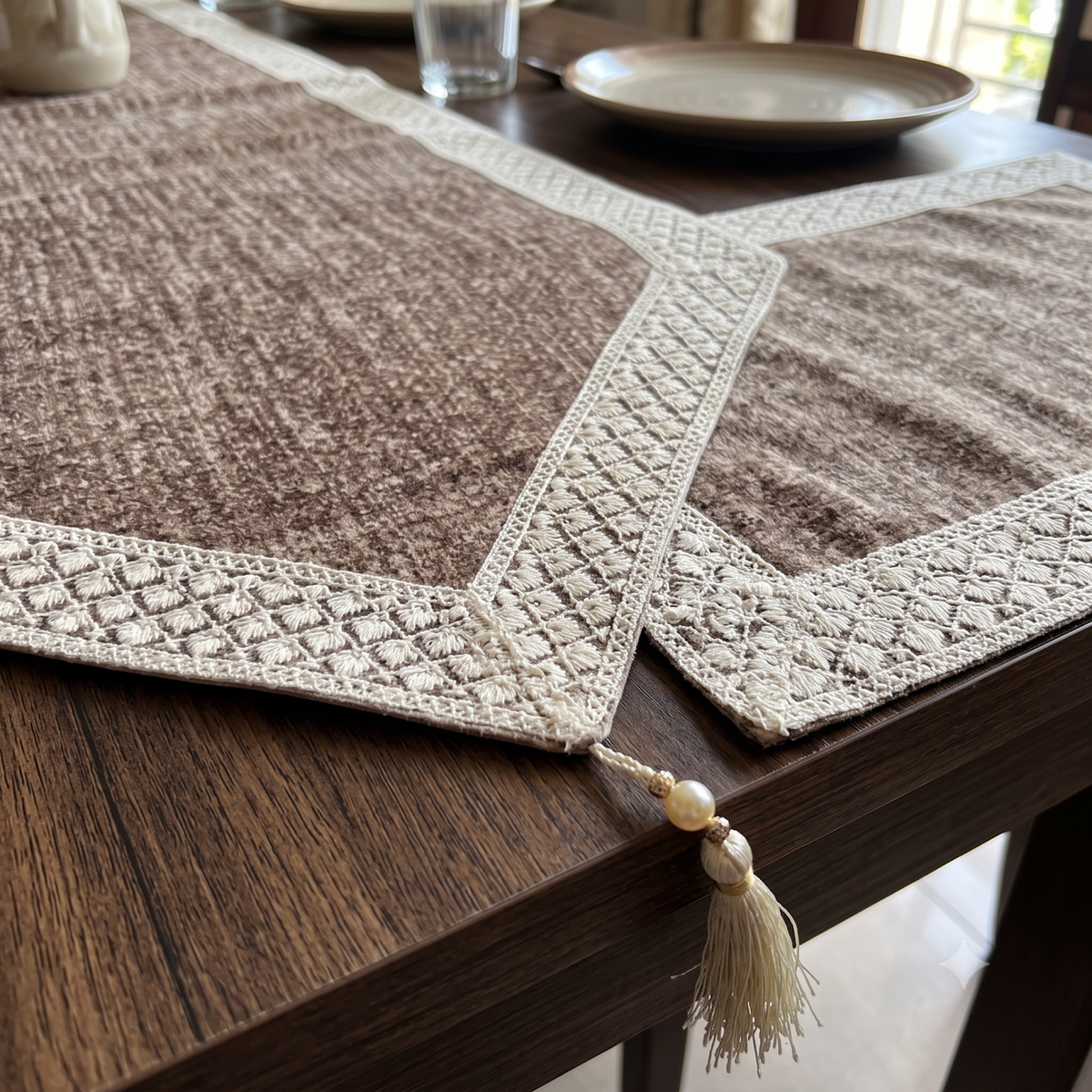 Suede Luxury Table Runner & 6 Placemats Set - Walnut Brown & Cream