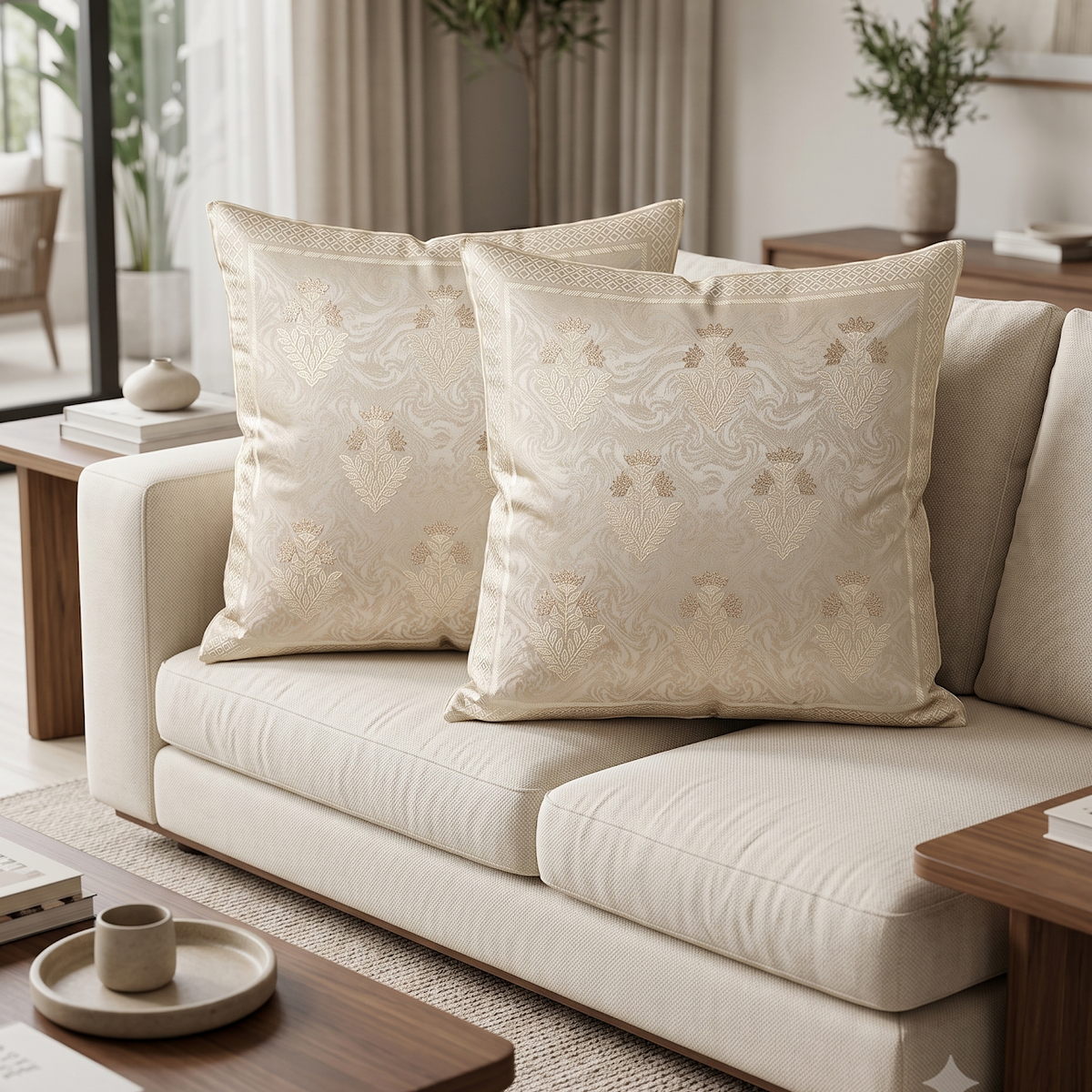 Regal Motif Jacquard Cushion Cover - Cream