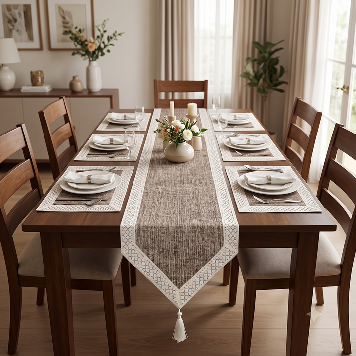 Suede Luxury Table Runner &amp; 6 Placemats Set - Walnut Brown &amp; Cream