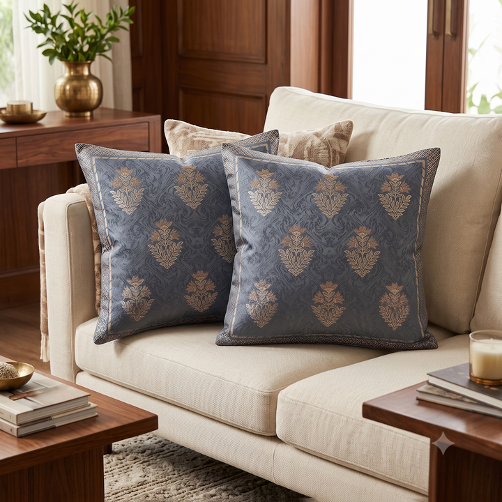 Regal Motif Jacquard Cushion Cover - Blue