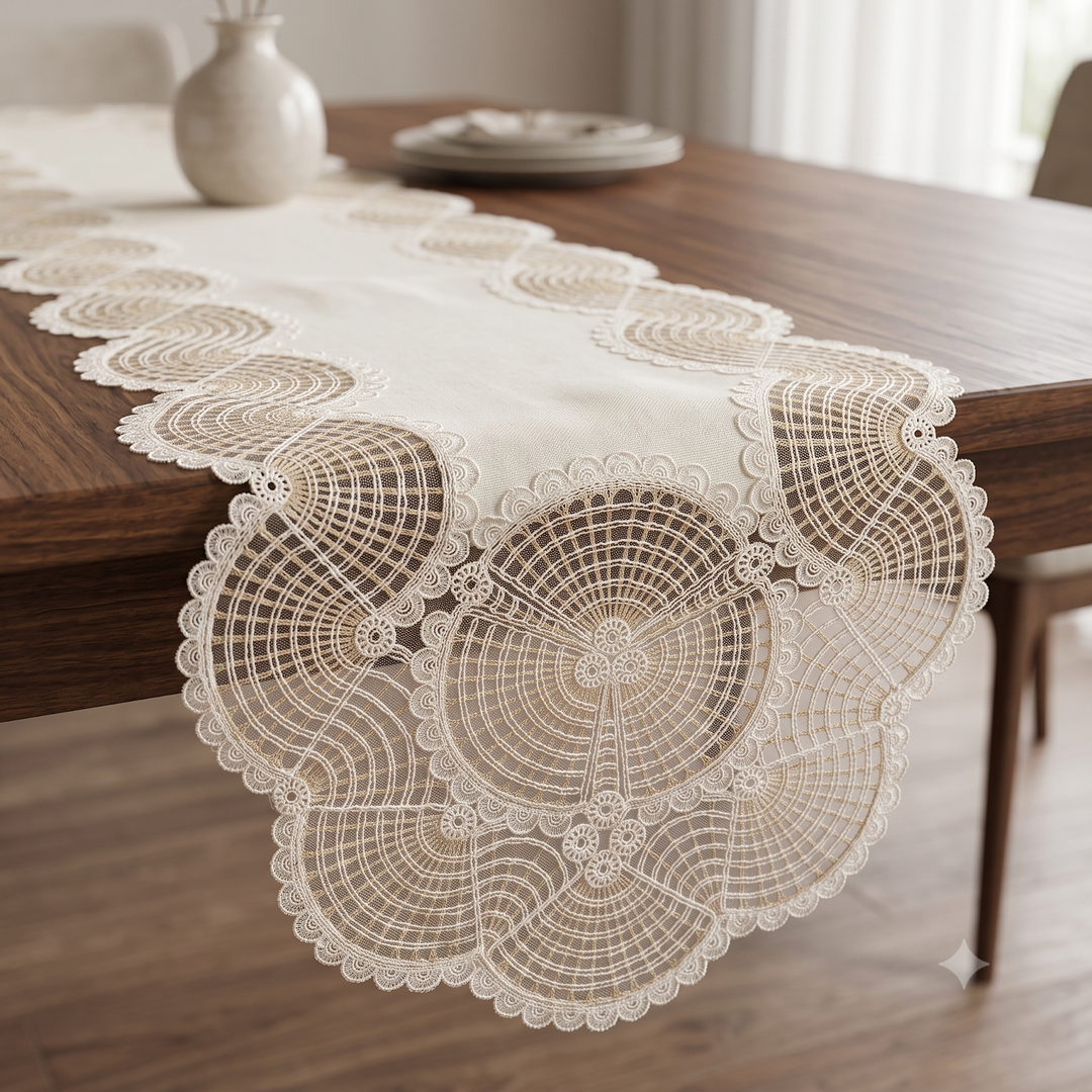 Linen-Look Table Runner with Scalloped Net Embroidery 3