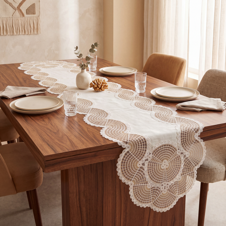 Linen-Look Table Runner with Scalloped Net Embroidery 1