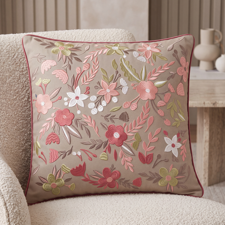 Embroidered Pink Flowers Cushion Cover 2