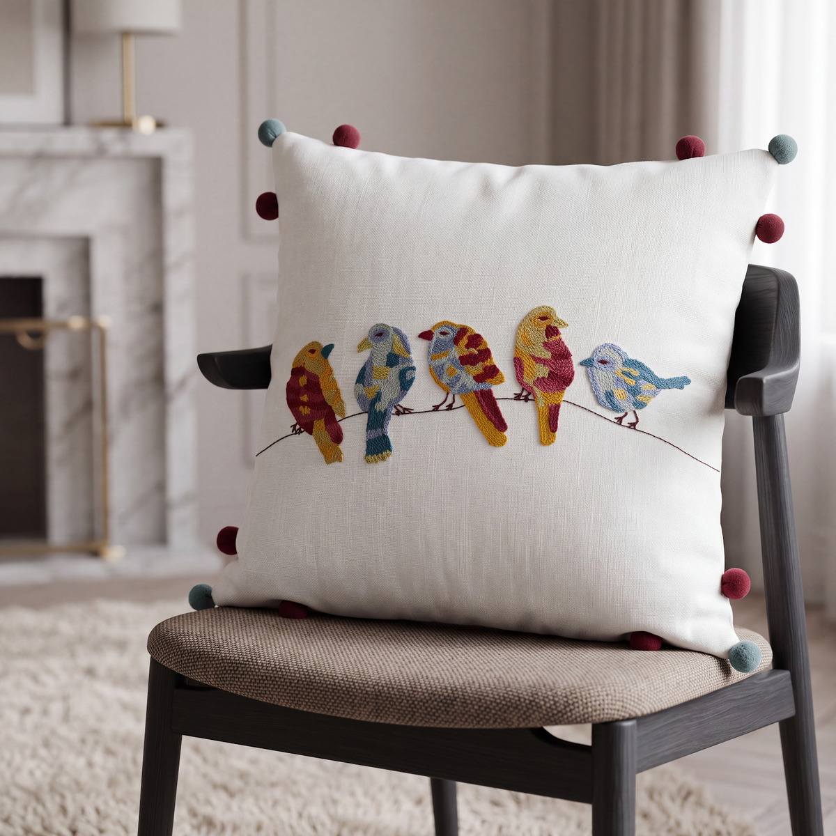 Embroidered Birds Cushion Cover 2