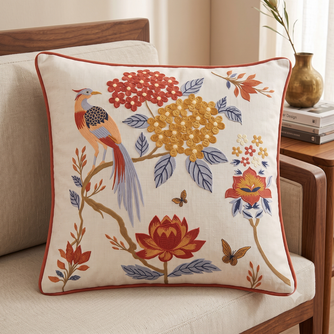 Embroidered Peacock Garden Cushion Cover 3