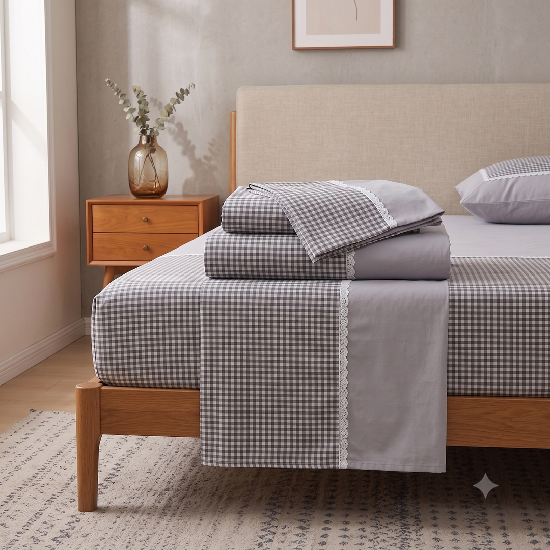 Grace &amp; Lace Check King Size Bedsheet - Grey