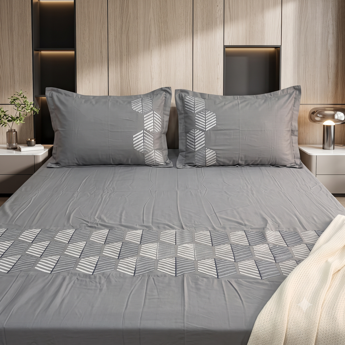 Heritage Weave Diamond Embroidered Bedsheet Grey 1