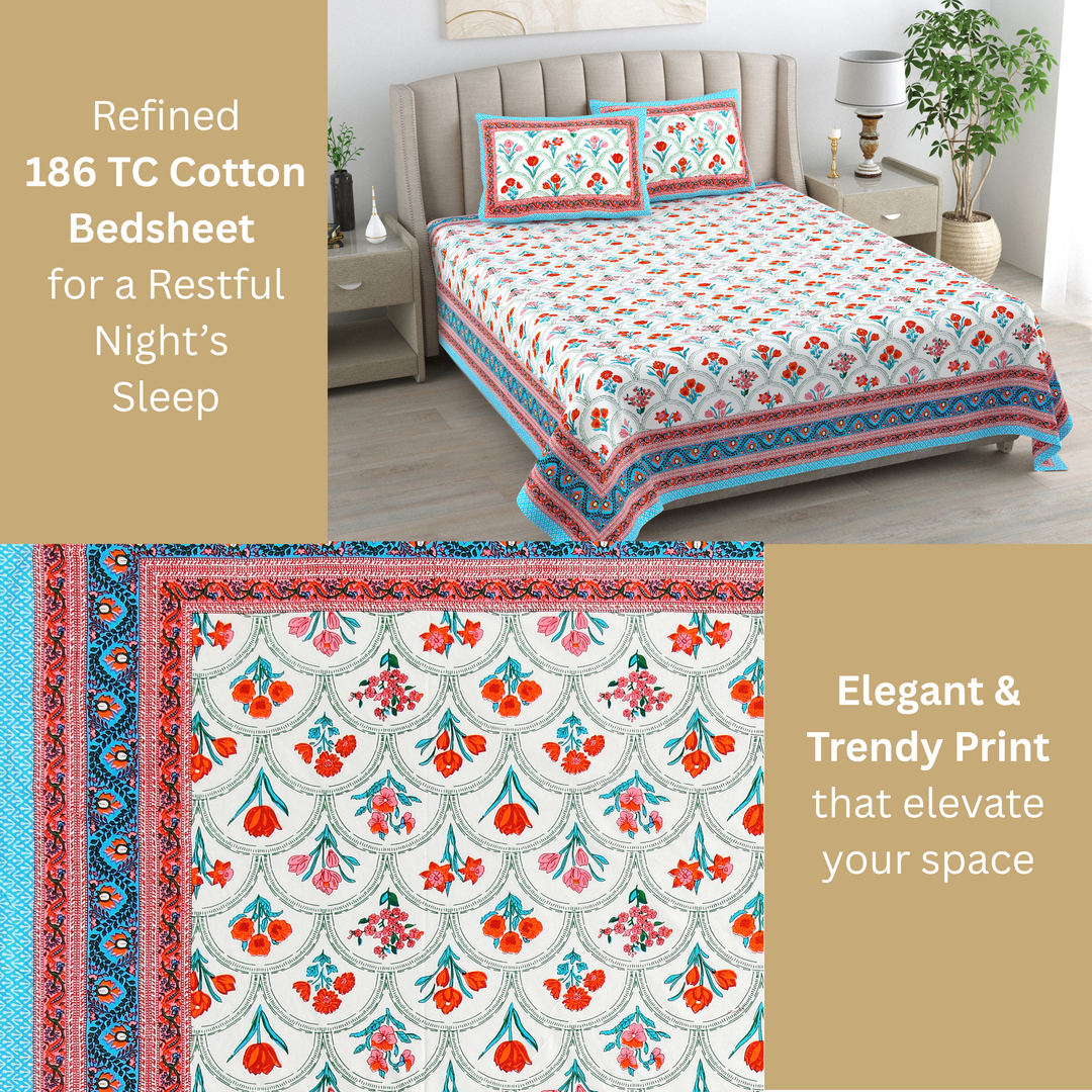 Gul Buti Jaal Pure Cotton King Size Bedsheet –  95 x 108 inch | 186 TC Red & Blue