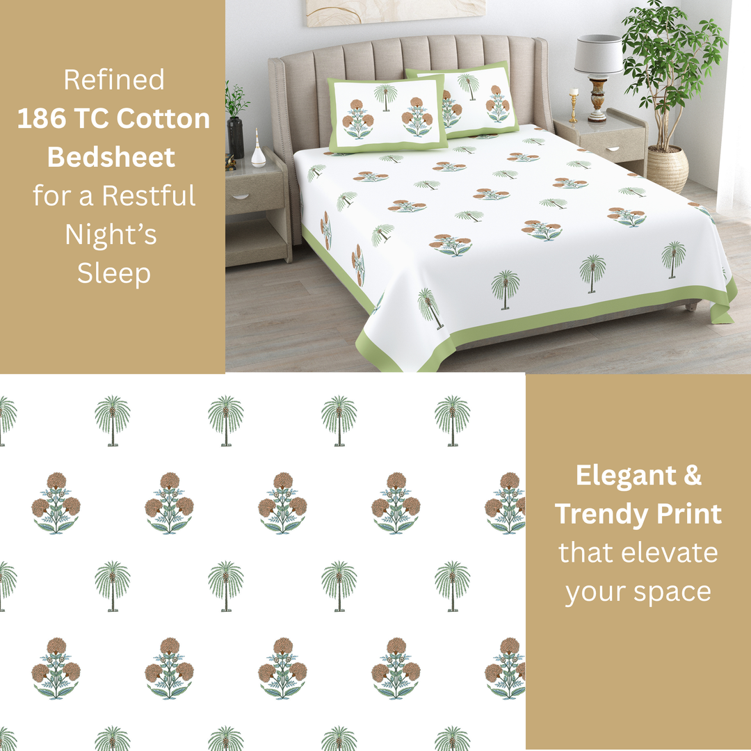 Palm Gul Pure Cotton King Size Bedsheet – 95 x 108 inch | 186 TC White & Green