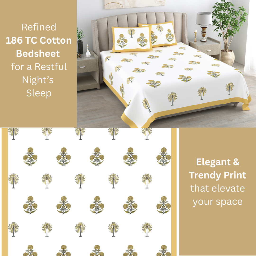 Palm Gul Pure Cotton King Size Bedsheet –  95 x 108 inch | 186 TC White & Yellow