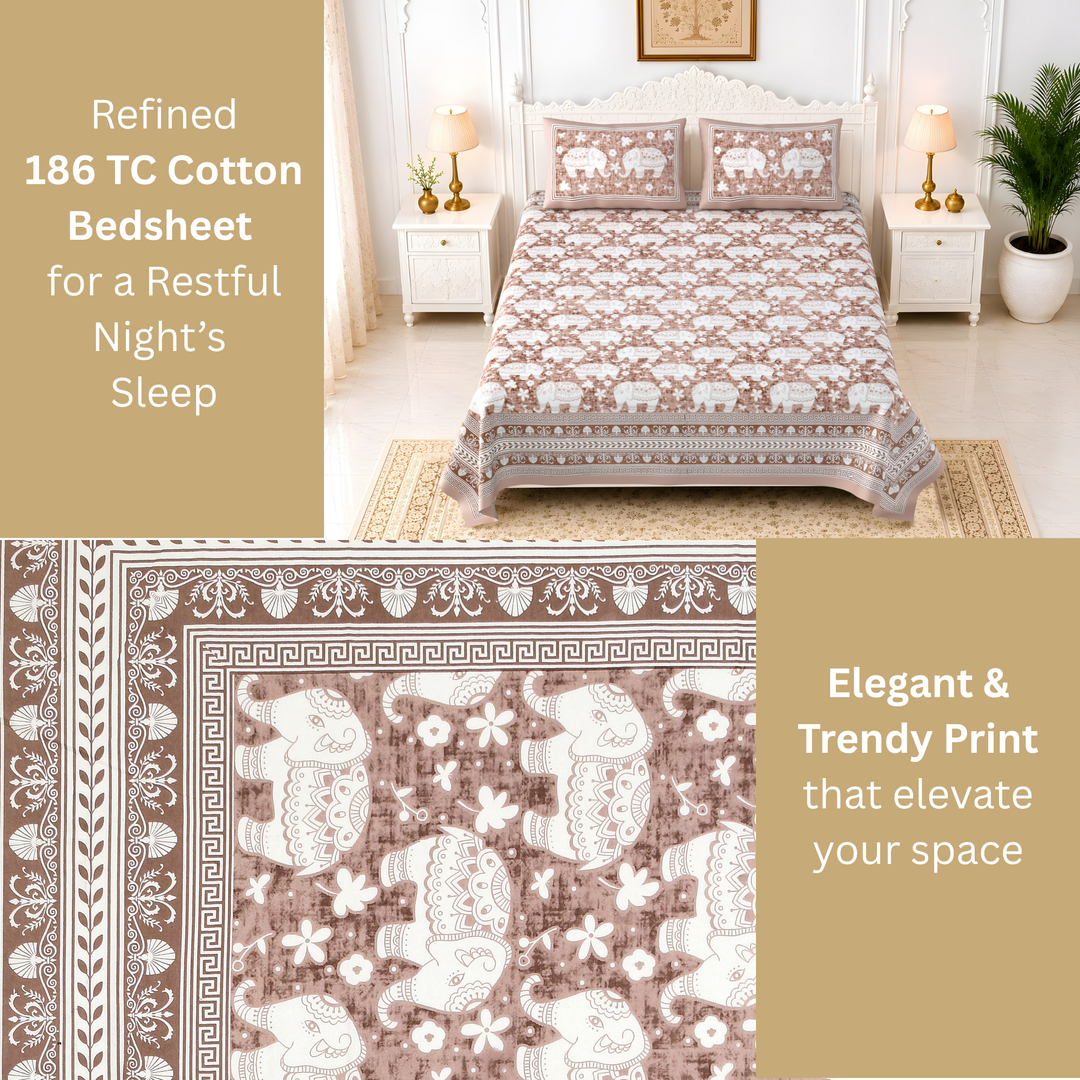 Gajraj Bloom Pure Cotton King Size Bedsheet – 108 x 108 inch | 186 TC Brown
