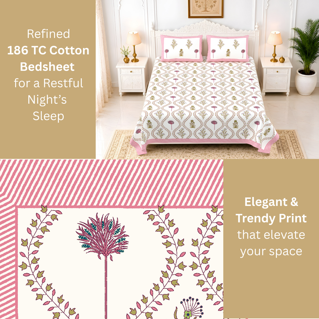 Sunehri Vatika Pure Cotton King Size Bedsheet –  108 x 108 inch | 186 TC Pink & White