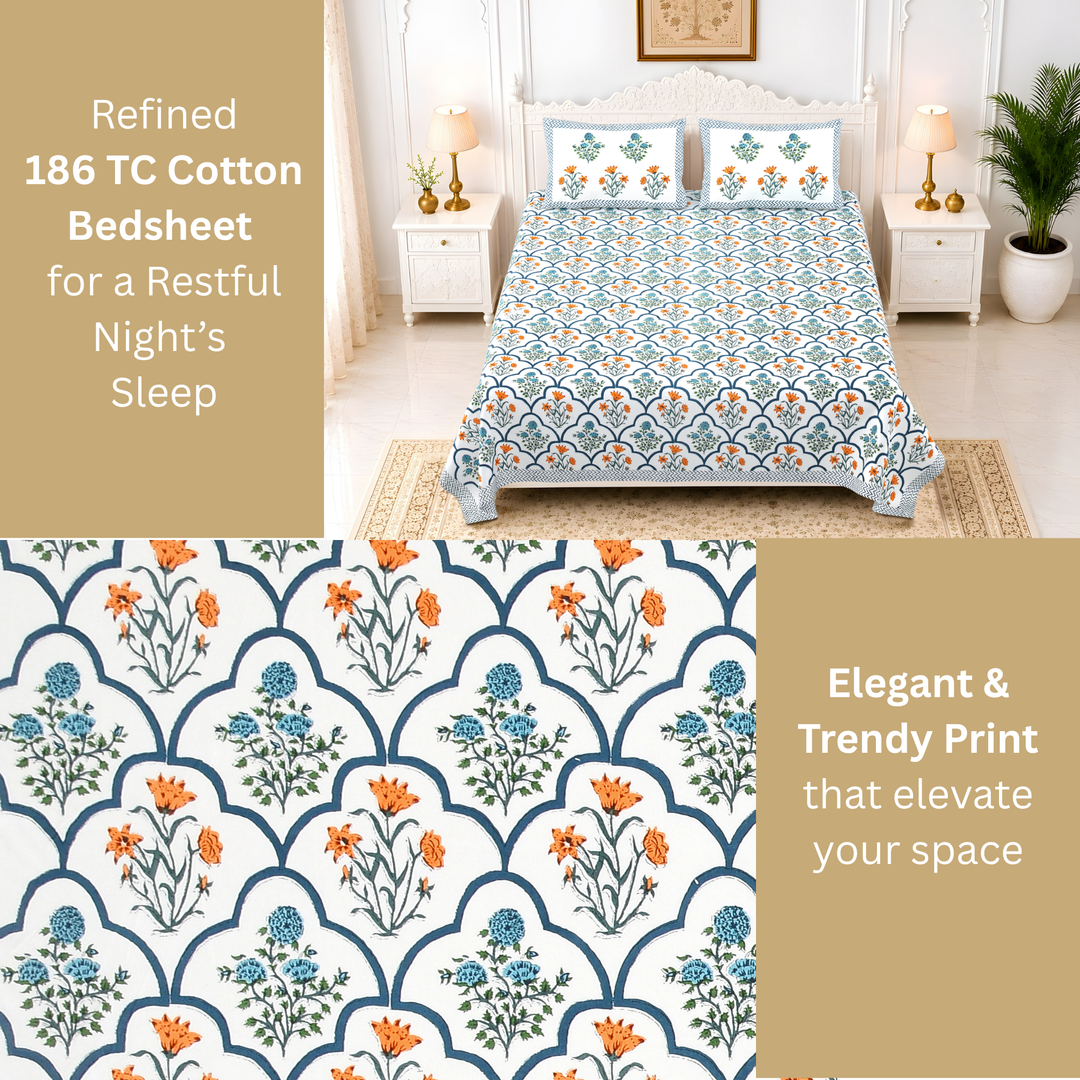 Gulbahar Pure Cotton King Size Bedsheet –  108 x 108 inch | 186 TC Blue & White