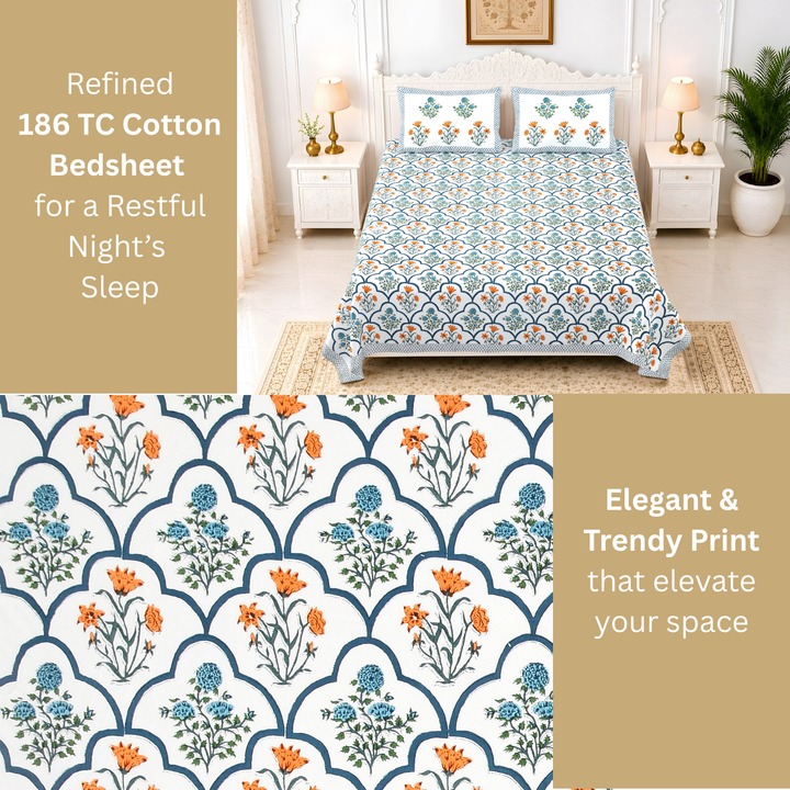Gulbahar Pure Cotton King Size Bedsheet –  108 x 108 inch | 186 TC Blue & White