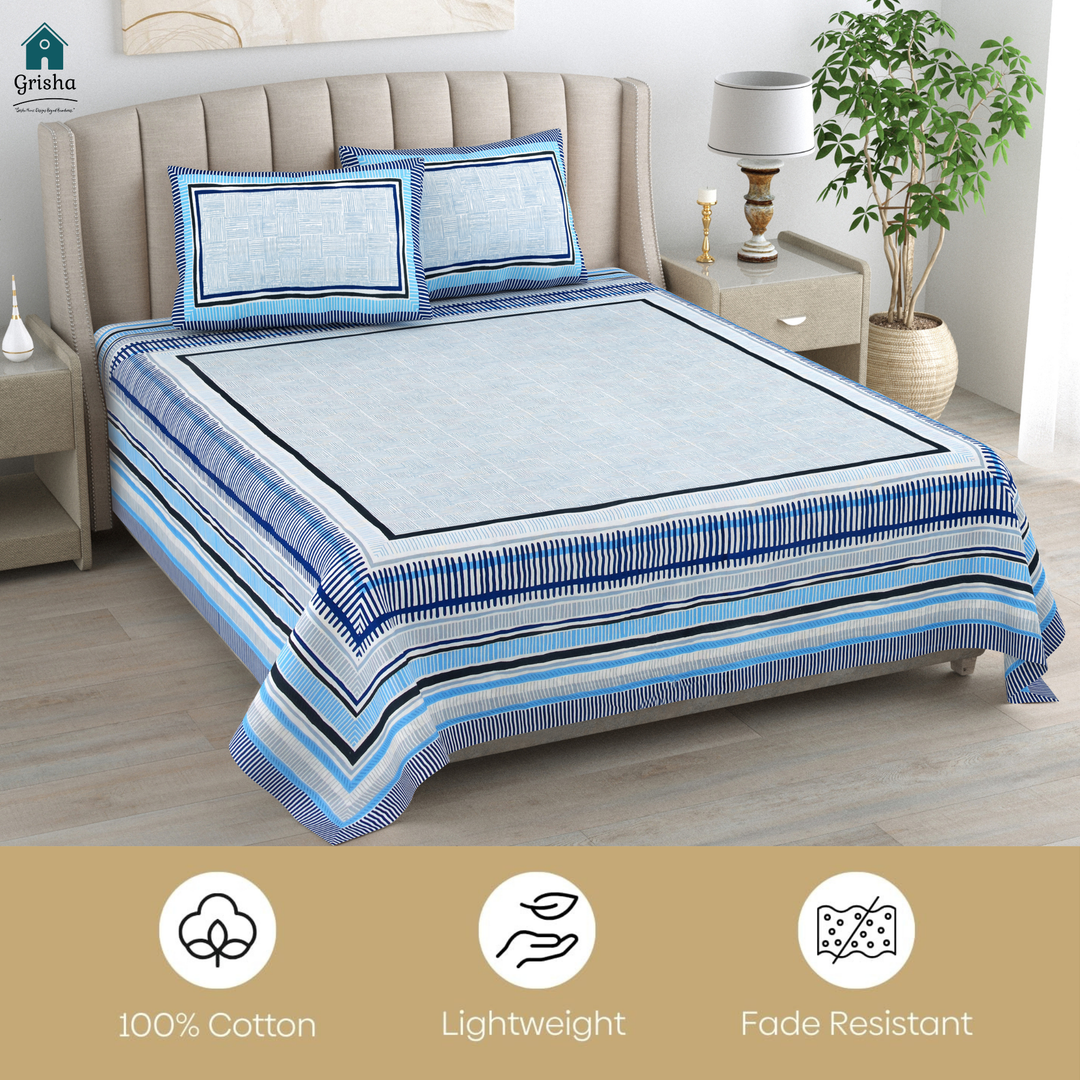 Neel Dhara Pure Cotton King Size Bedsheet – 95 x 108 inch | 186 TC Navy Blue