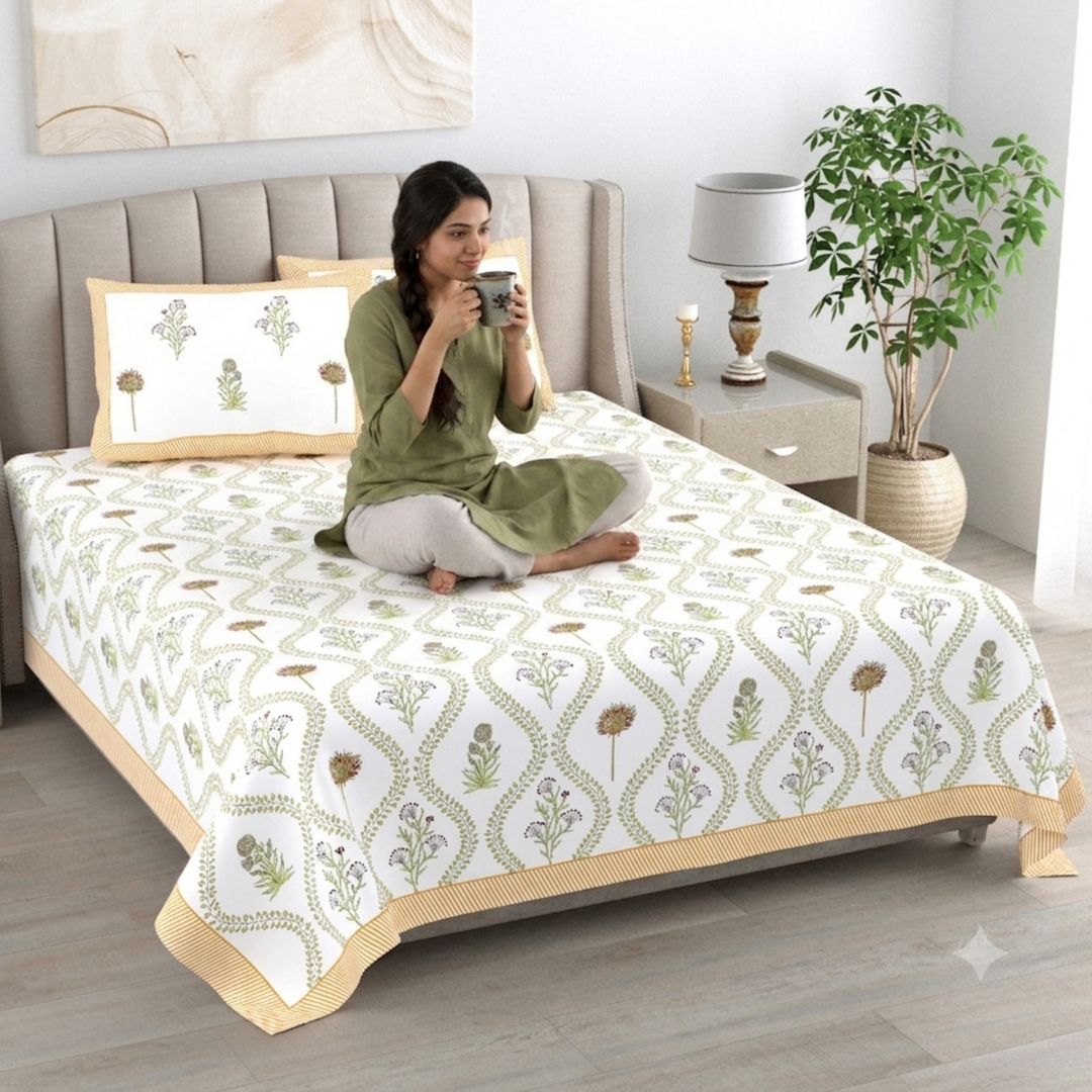 Meher Bloom Pure Cotton King Size Bedsheet – 95 x 108 inch | 186 TC Beige