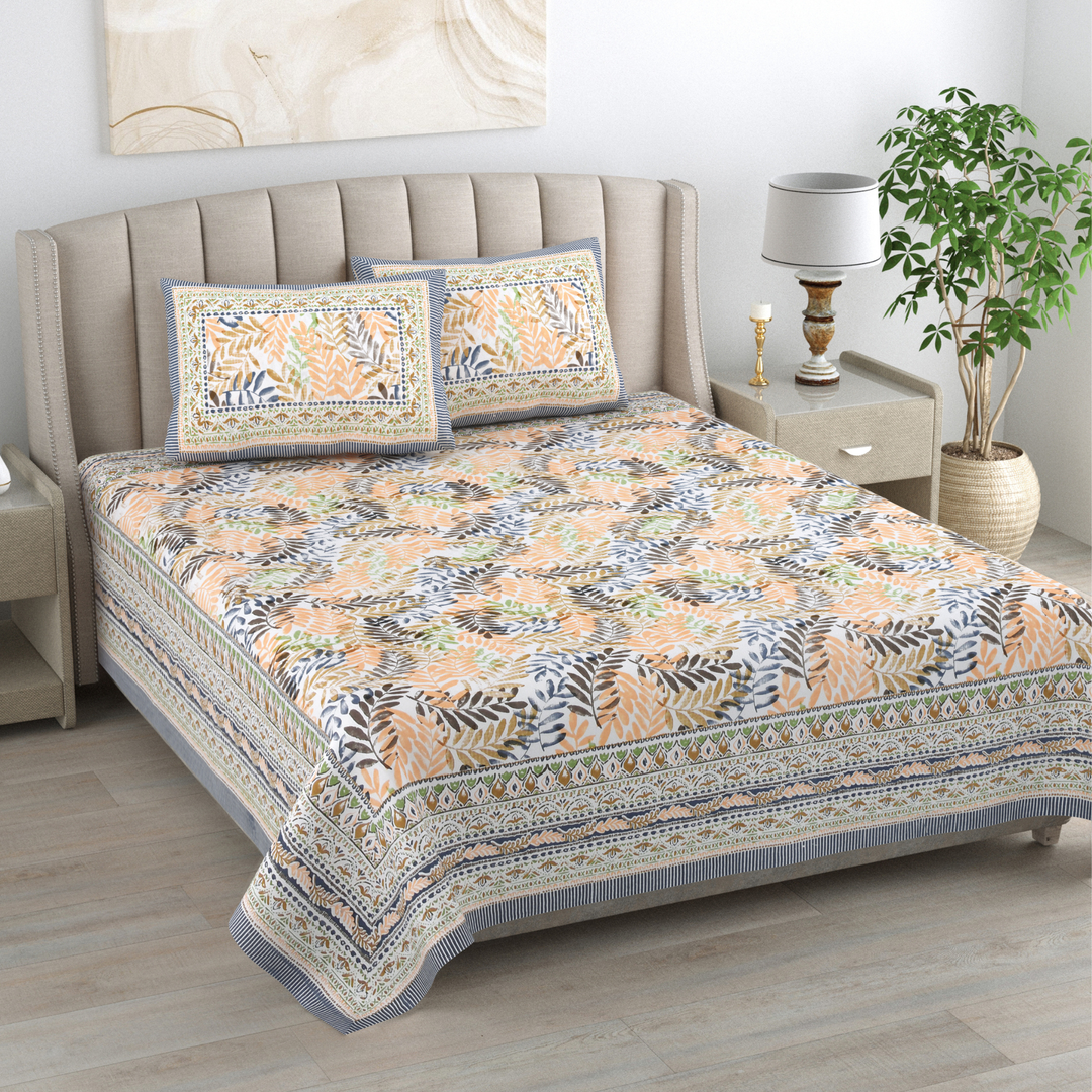 Dhara Leaf Pure Cotton King Size Bedsheet – 95 x 108 inch | 186 TC Multi