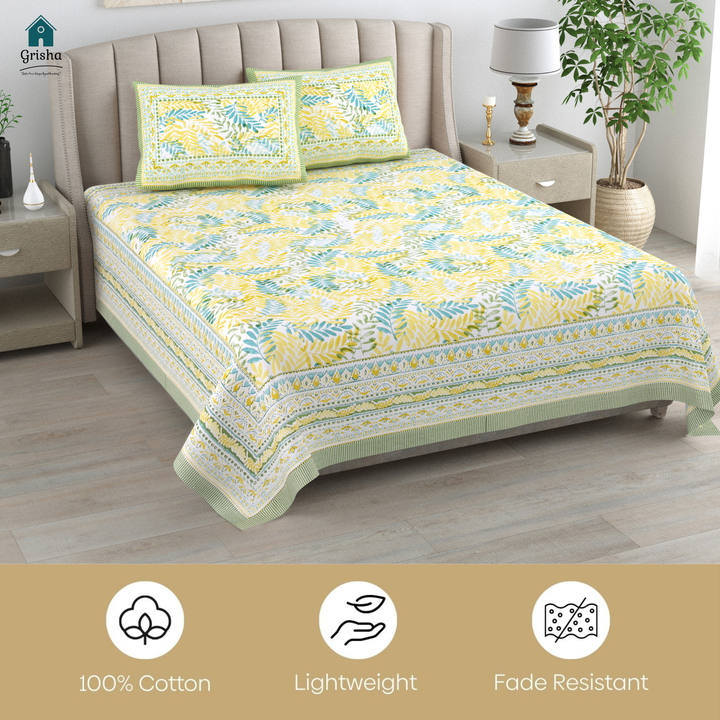 Dhara Leaf Pure Cotton King Size Bedsheet – 95 x 108 inch | 186 TC Green