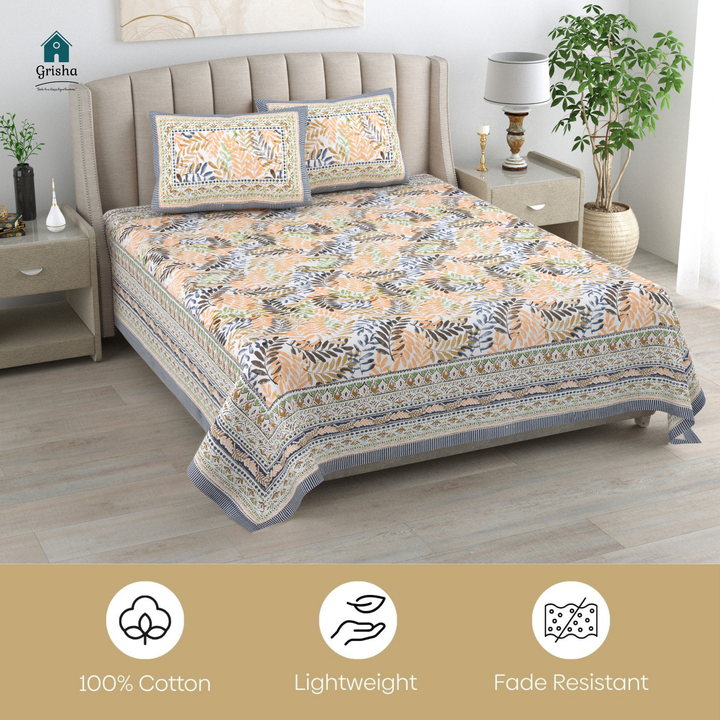 Dhara Leaf Pure Cotton King Size Bedsheet – 95 x 108 inch | 186 TC Multi