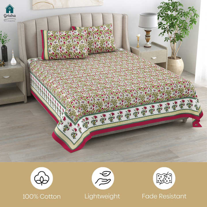 Phool Bagh Pure Cotton King Size Bedsheet –  95 x 108 inch | 186 TC Maroon